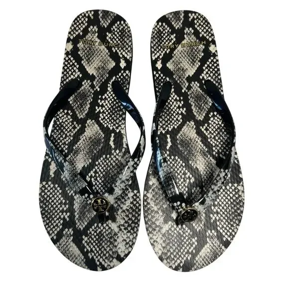 Tory Burch Flip Flops in the Black and White Roccia Snakeskin print. Size 6 - Picture 8 of 9